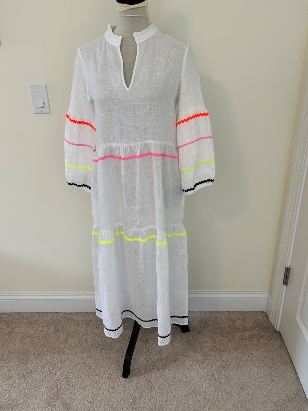 Vilagallo linen maxi dress tiered white vibrant multi-colored neon ric-rac